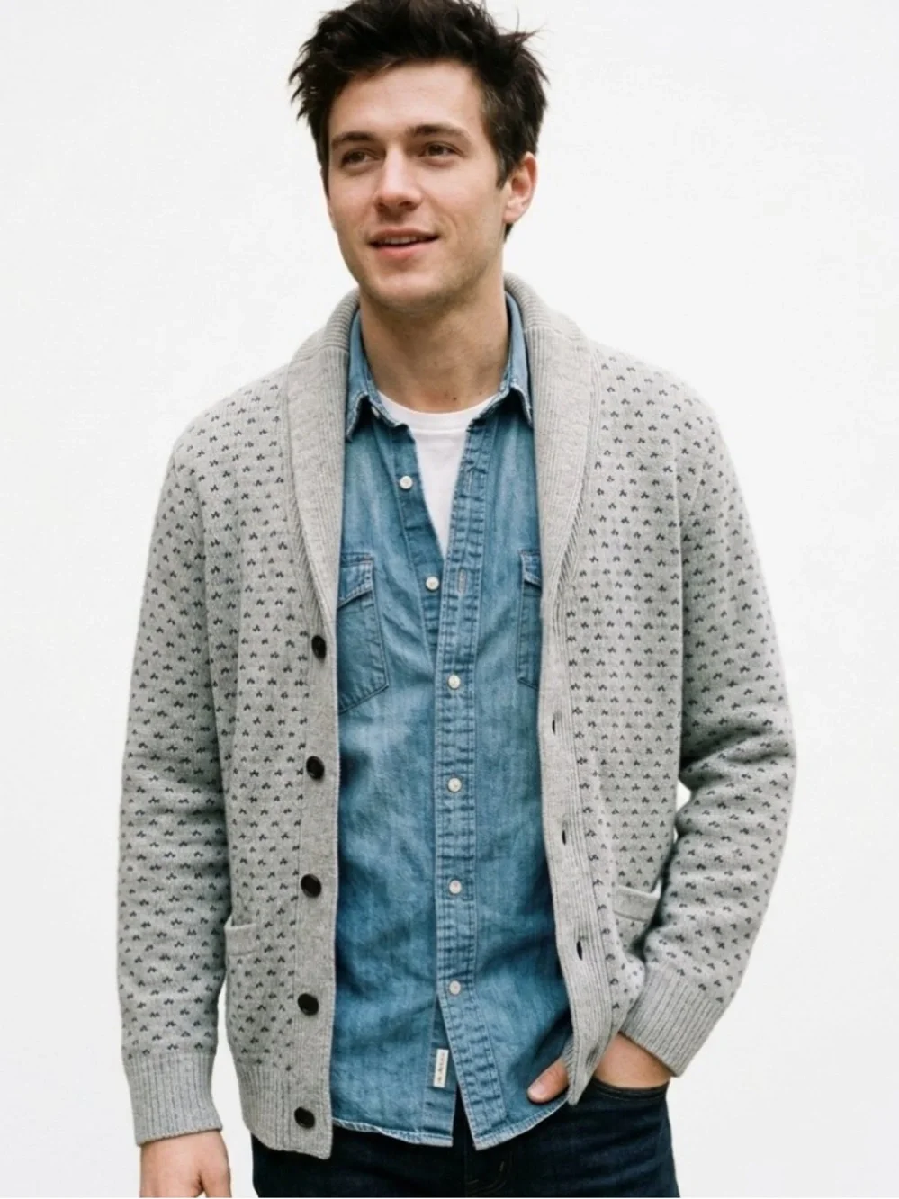 J. Crew Wool Shawl Collar Cardigan Men’s Medium Grey Birds Eye Preppy Cabincore